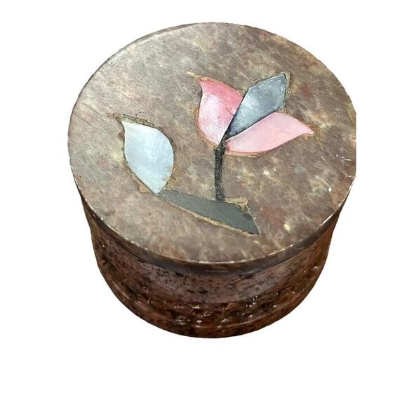 Vintage Soapstone Granite Inlay Floral Trinket Round Jewelry Box Inlaid Flowers - Picture 7 of 16